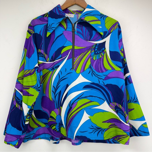 Vintage 70s Carol Henry size 42 Women’s Blue Purple Green Floral Pullover Top - Picture 1 of 9